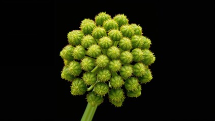 Close-up macro of green ivy flower clusters with nectar-filled hairy buds on a dark backdrop
