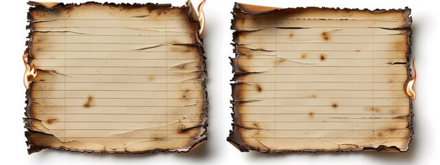 Two burning sheets of lined paper sit on a white surface, isolated from background
