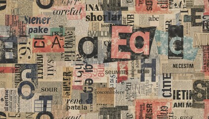 Seamless pattern featuring abstract geometric shapes and distressed text elements on a vintage newspaper and magazine textured background