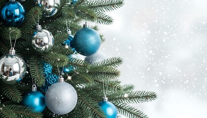 Fototapeta premium Christmas tree decoration with blue and silver ornaments in a snowy background