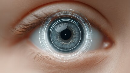 Futuristic close-up of a human eye with digital holographic interface elements representing technology, vision, and innovation in the world of optics and digitalization.