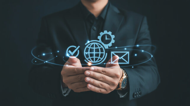 Global business process automation with check mark, globe, clock, and envelope