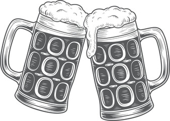 Clinking Beer Mugs Vector Illustration – Hand Drawn Toast Design for Bar, Celebration, and Oktoberfest