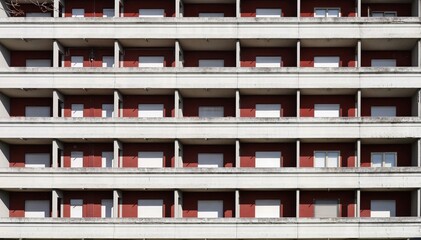 Apartment building facade with concrete balconies, red plaster wall and white closed shutters. Background and texture. Full frame.