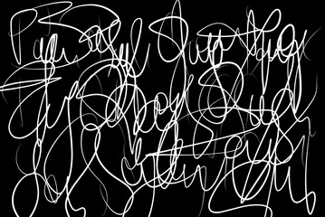 Schrift / Text, Fantasiew&ouml;rter / Gekritzel. Geschrieben mit einem digitalem Pinsel in wei&szlig; auf schwarzem Hintergrund