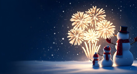 Three cheerful snowmen stand together under a night sky watching golden fireworks, evoking family joy, New Year celebration, and winter wonder for seasonal campaigns.