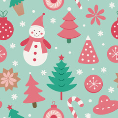 Vector art of seamless christmas pattern with snowman, tree, ornament, and snowflake