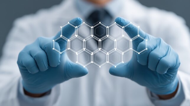 Scientist in Laboratory Holding 3D Model of Hexagonal Structure with Blue Gloves and Focused Expression Against a Soft Background