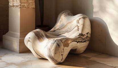 Unique art chair in corner room, plant in background, sun light, creative seating