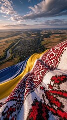 Ukrainian embroidered fabric waves over rural landscape. Symbol of patriotism