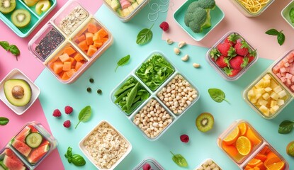 Variety Fruits, Veggies, Food Prep. Containers, Healthy Eating on Blue Background