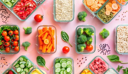 Vegetables prepped, organized in containers, colorful background. Food blog use