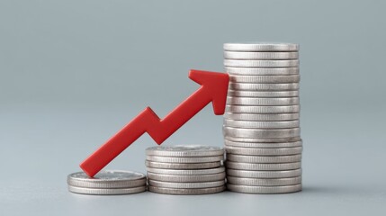 Red Arrow Graph Increasing Stack of Coins Representing Growth, Profit, and Financial Success in Business and Economy Concept with Minimalist Style