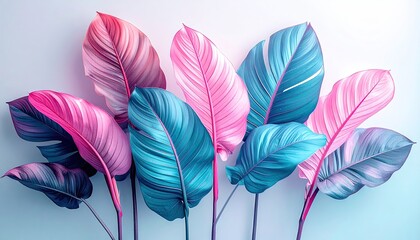 Vibrant botanical foliage display, pink and blue tones against a gradient wall
