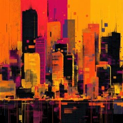Vibrant cityscape abstract painting with orange sky. Backdrop for design