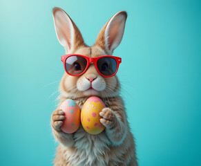A cute bunny wearing stylish red sunglasses, holding colorful Easter eggs in its paws. 