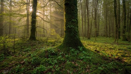 Naklejka premium Enchanting dawn in a magical woodland with lush moss-covered ground and gentle sunlight
