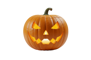 A realistic Halloween pumpkin with glowing candle inside, isolated on white background, high resolution, professional stock photo style, soft lighting, no text, no watermark.