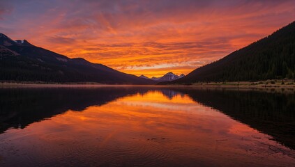 Fototapeta premium Stunning evening sky over mountain peaks mirrored in water, perfect for a nature screensaver