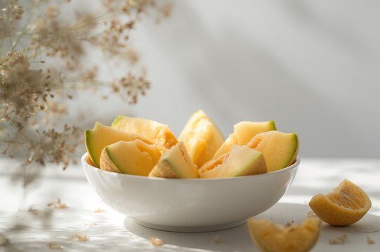 Cut pieces of cantaloupe muskmelon kharbuja presented in a bowl with selective focus