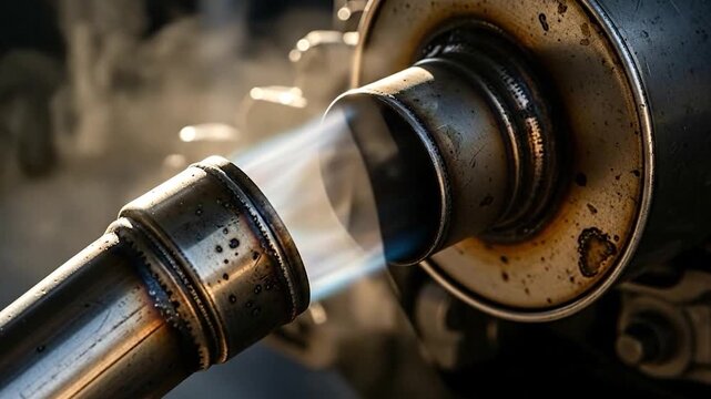 Close up of a welding torch emitting a bright blue flame and smoke.