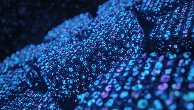 Close-up of a digital matrix with a dense arrangement of blue and purple binary code characters on a dark background with a shallow depth of field.