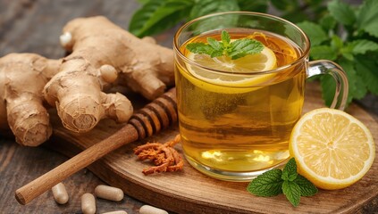 A transparent mug filled with herbal tea containing ginger, lemon, mint, and honey.