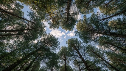 Aerial perspective of dense woodland - stunning natural scenery with trees, sky, and sunlight in summer