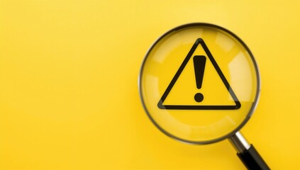 Caution symbol highlighted by magnifying glass on bright yellow surface with space for text.