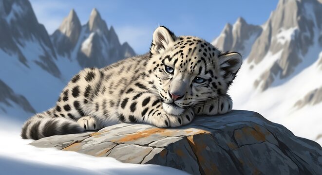 Snow Leopard Cub Resting on Rock in Snowy Mountain Landscape.