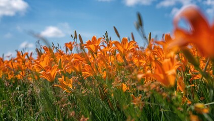 Vibrant orange lilies blooming in a lush garden during spring