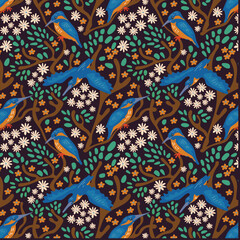 A seamless pattern with small, hand-drawn blue floral elements and a bird kingfisher. A delicate, pleasant background for fabric and textiles. A spring motif with blooming trees and birds.