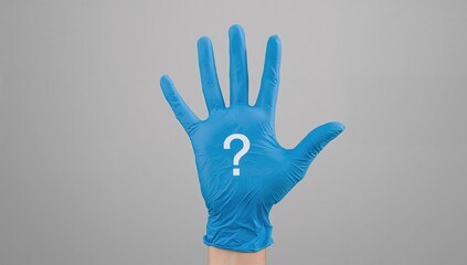 Naklejka na ściany i meble Medical professional wearing blue gloves holding a question mark symbol against a gray backdrop, representing healthcare concerns. Naklejka na ściany i meble Medical professional wearing blue gloves holding a question mark symbol against a gray backdrop, representing healthcare concerns.