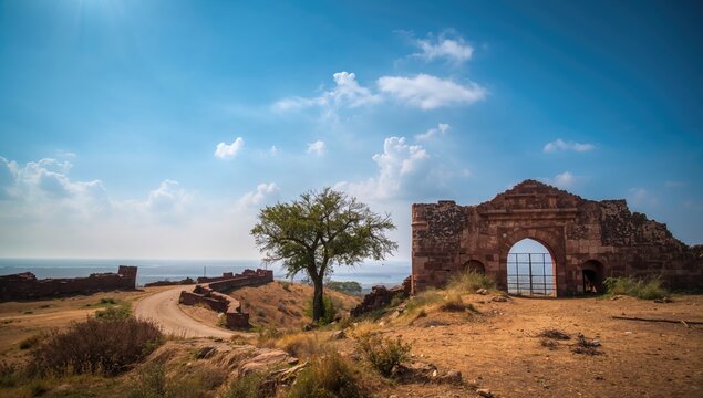 Scenic Entrance of Ancient Fort Ruins Under Clear Sky
