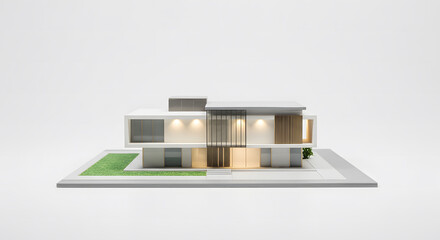 Modern minimalist architectural house model with glass walls and flat roof on white background, clean lighting, futuristic home design concept