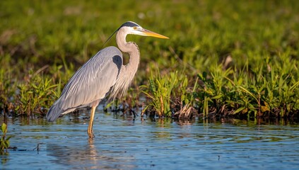 Large Blue Bird Standing in Shallow Water Surrounded by Nature in Summer