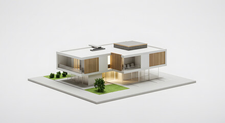 Modern minimalist architectural house model with glass walls and flat roof on white background, clean lighting, futuristic home design concept