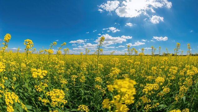 Wide-angle Perspective of Yellow Rapeseed Blossoms under a Clear Blue Summer Sky