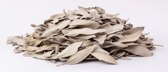 Dried sage leaves pile herbal plant closeup light grey green texture wellness photography natural product image