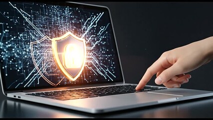 A hand interacting with a laptop displaying a digital security shield, illustrating cybersecurity - Powered by Adobe