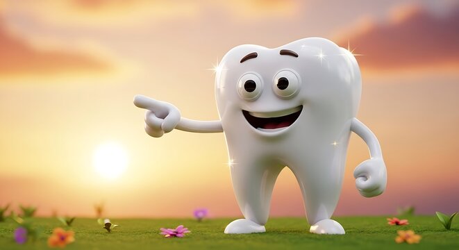 Happy Tooth Character Pointing Towards a Bright Future in Nature.
