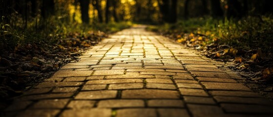 Sunlit brick pathway leading through autumnal woodland