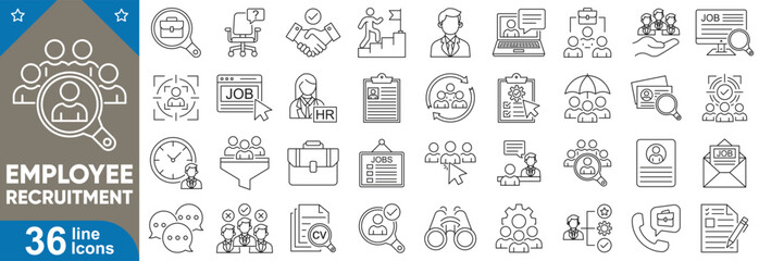 Employee recruitment icons set. HR hiring symbols, candidate interview signs, job application outline pictograms, onboarding and talent acquisition vector collection.