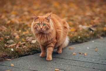 Gorgeous crimson feline sitting on a pavement during a fall morning surrounded by nature and greenery