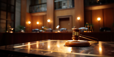 Wooden gavel on table courtroom gavel judge bench hearing law justice courtroom interior night warm lighting