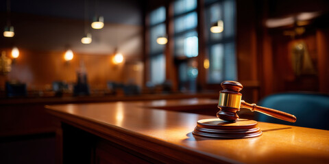 Obraz premium Wooden gavel on judge bench courtroom interior night legal justice auction decision emblematic
