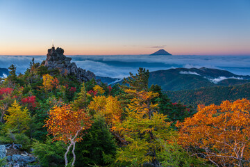 秋の奥秩父山塊天狗峰から紅葉の天狗岩の朝日に輝く天空の剣と朝焼けの富士山