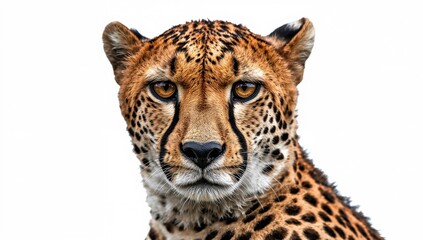 Obraz premium A detailed close-up of a cheetah's striking eyes set against a plain white backdrop.