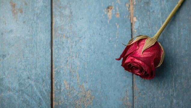 Withered rose against a blue wooden backdrop. Antique aesthetic with dried red bloom. - Powered by Adobe