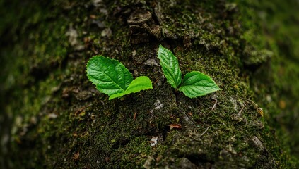 A detailed close-up showcasing bright green foliage sprouting from bark blanketed in moss, creating a peaceful and natural atmosphere. Perfect for ecological, botanical, and nature-themed initiatives.